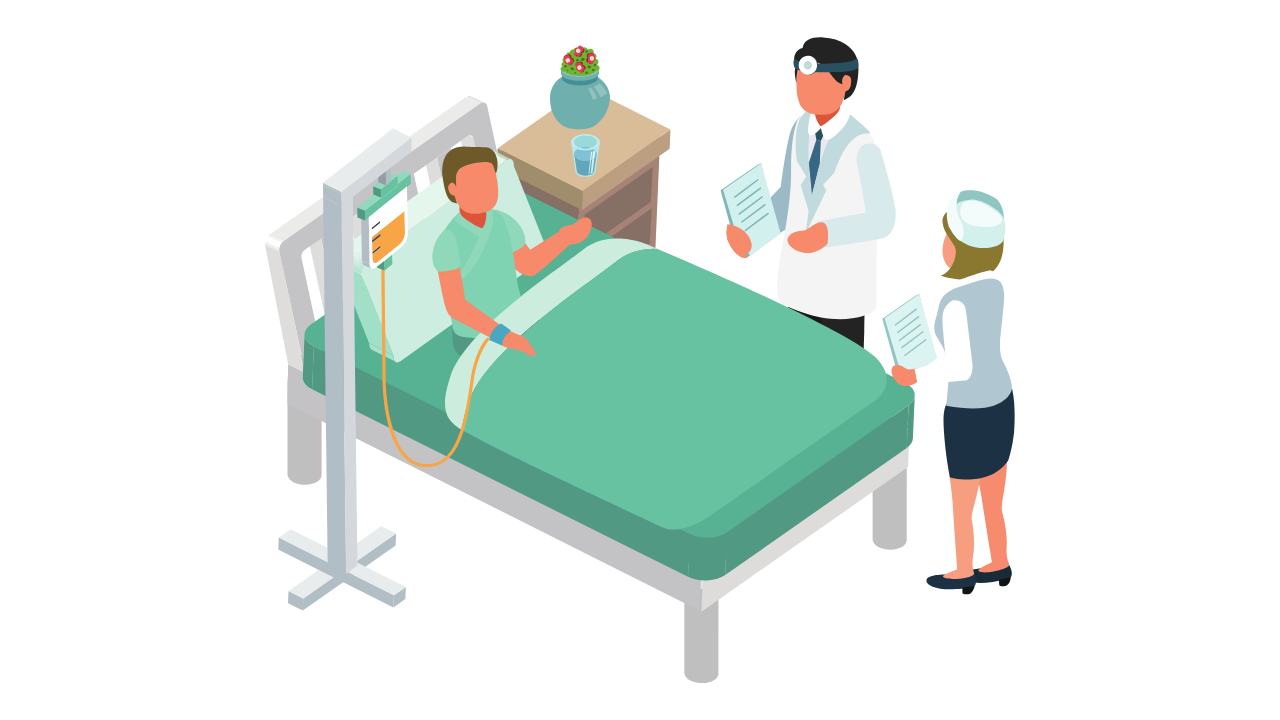 医師とナースと患者の3人の図
患者は病院のベットで点滴を打たれて座っている、医師が診察している、ナースはその様子を見ている